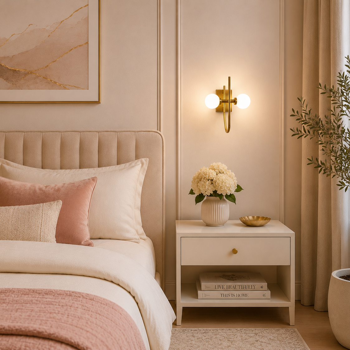 Neatly arranged bedroom with a bed, nightstand, and decorative elements.