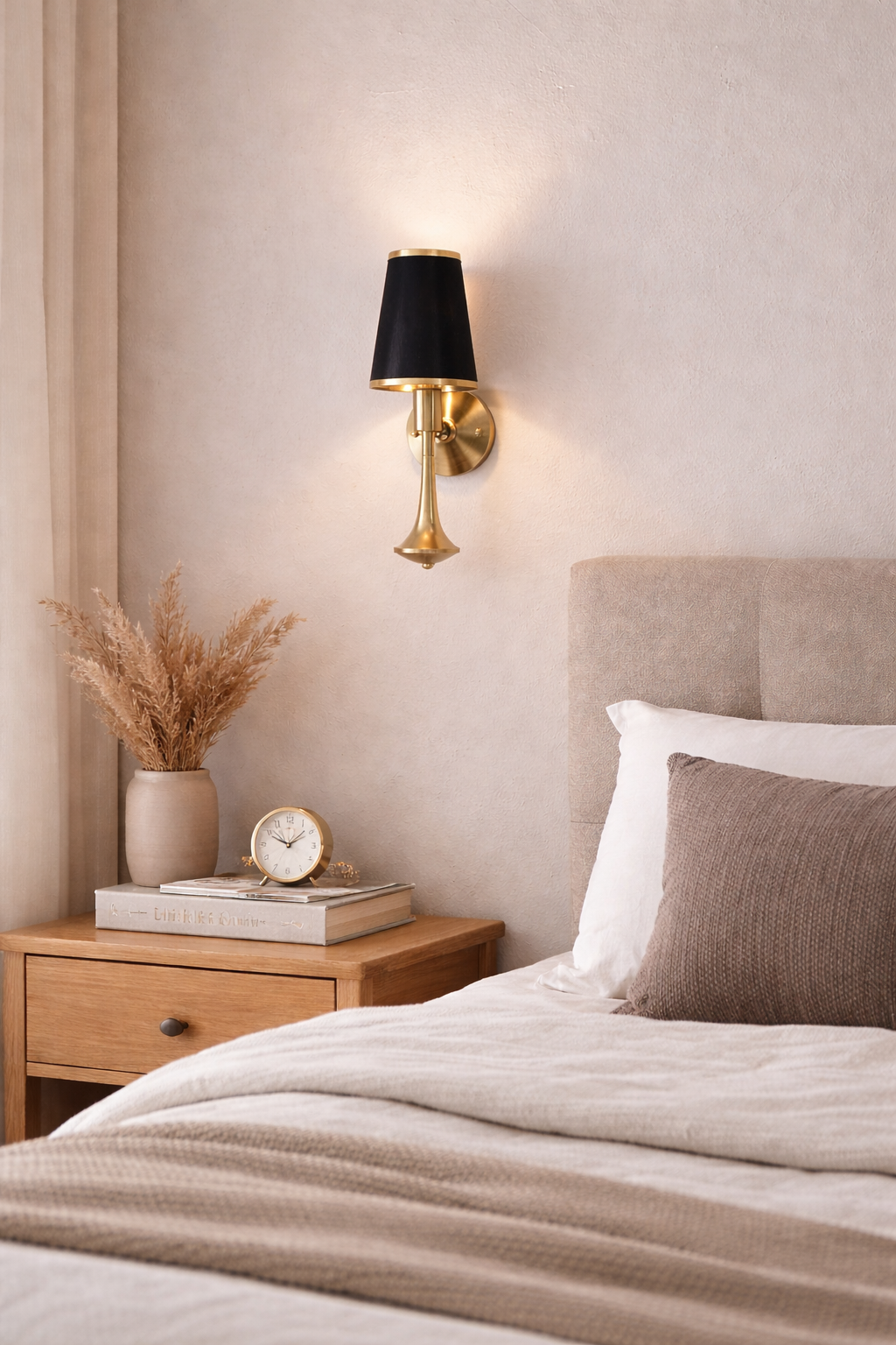 Neatly made bed with a nightstand and wall sconce in a bedroom setting