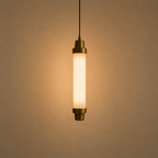 Vintage-style pendant light with a warm glow on a beige background