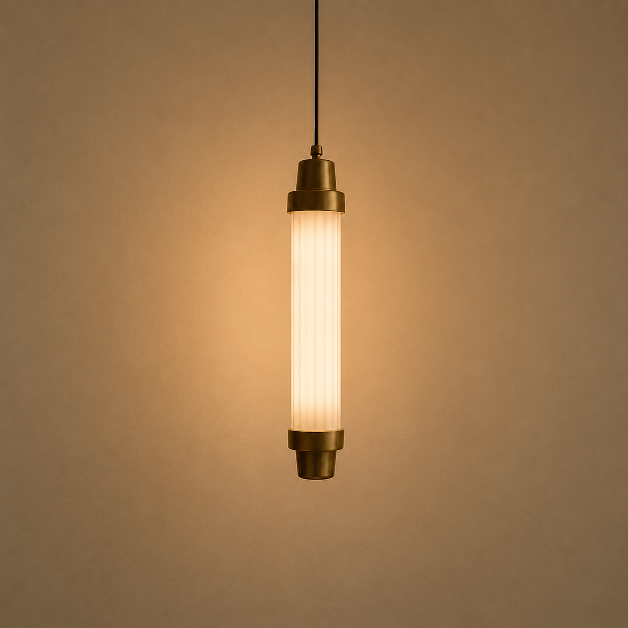 Vintage-style pendant light with a warm glow on a beige background