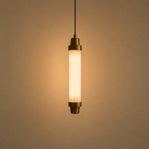 Vintage-style pendant light with a warm glow on a beige background
