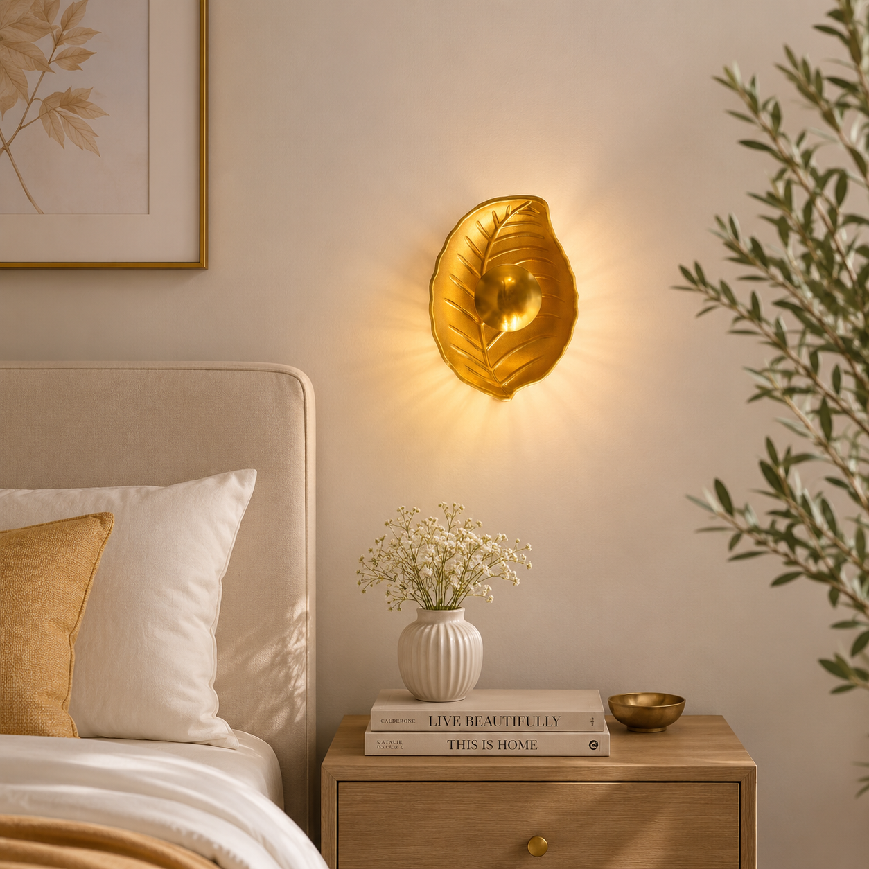 Decorative wall light fixture on a wall above a bed with a nightstand and books.