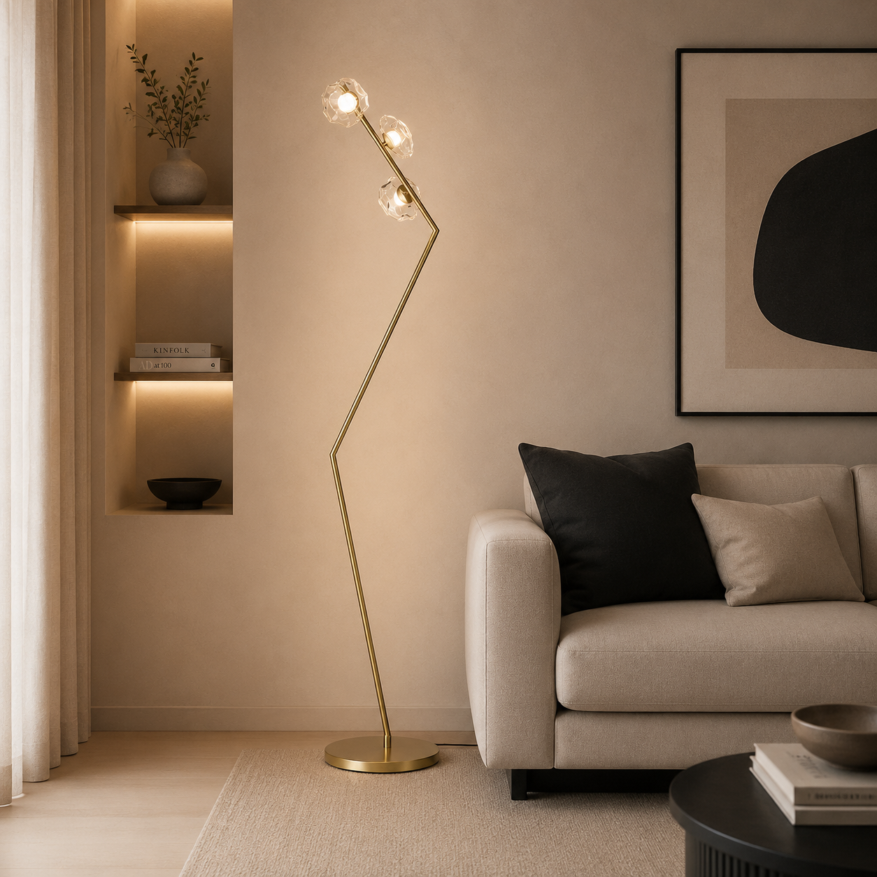 Modern floor lamp in a living room setting with a sofa and decorative items.