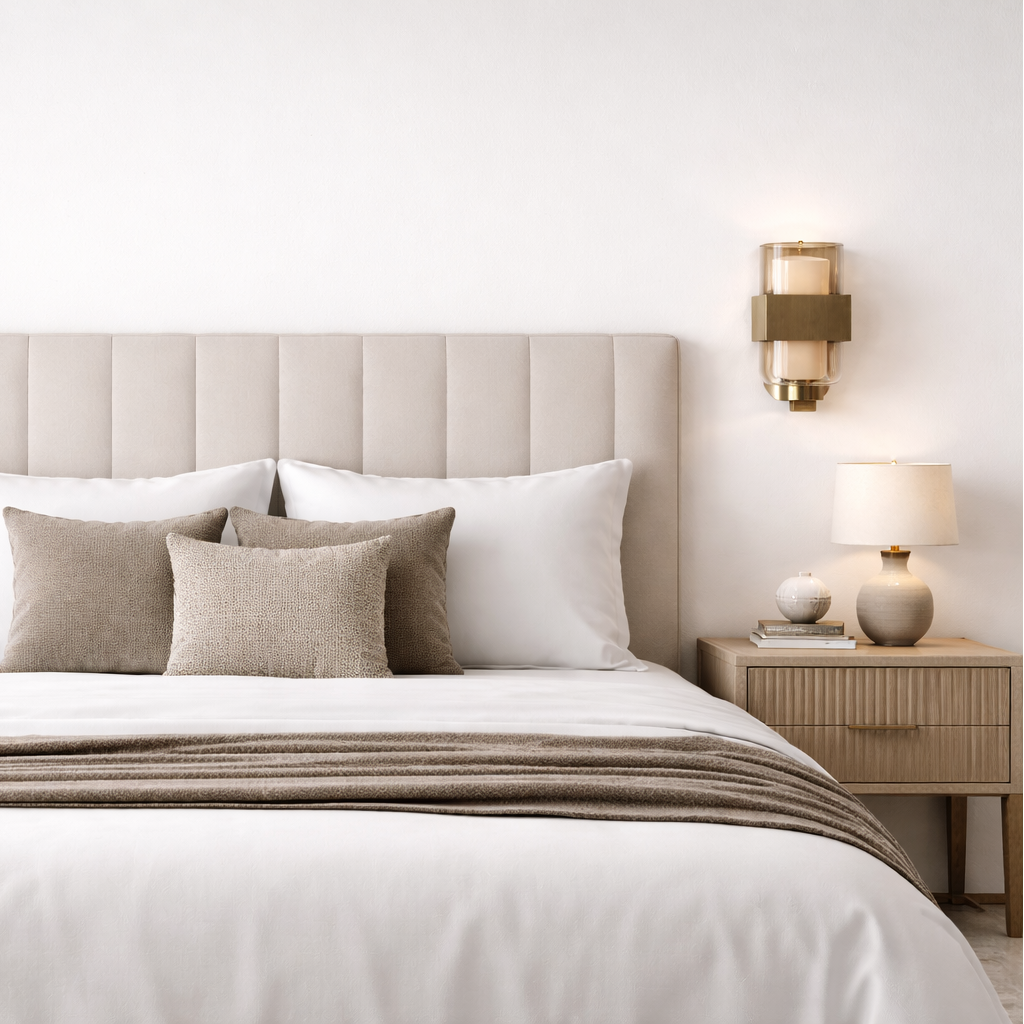 Neatly made bed with beige and white bedding in a bedroom setting.
