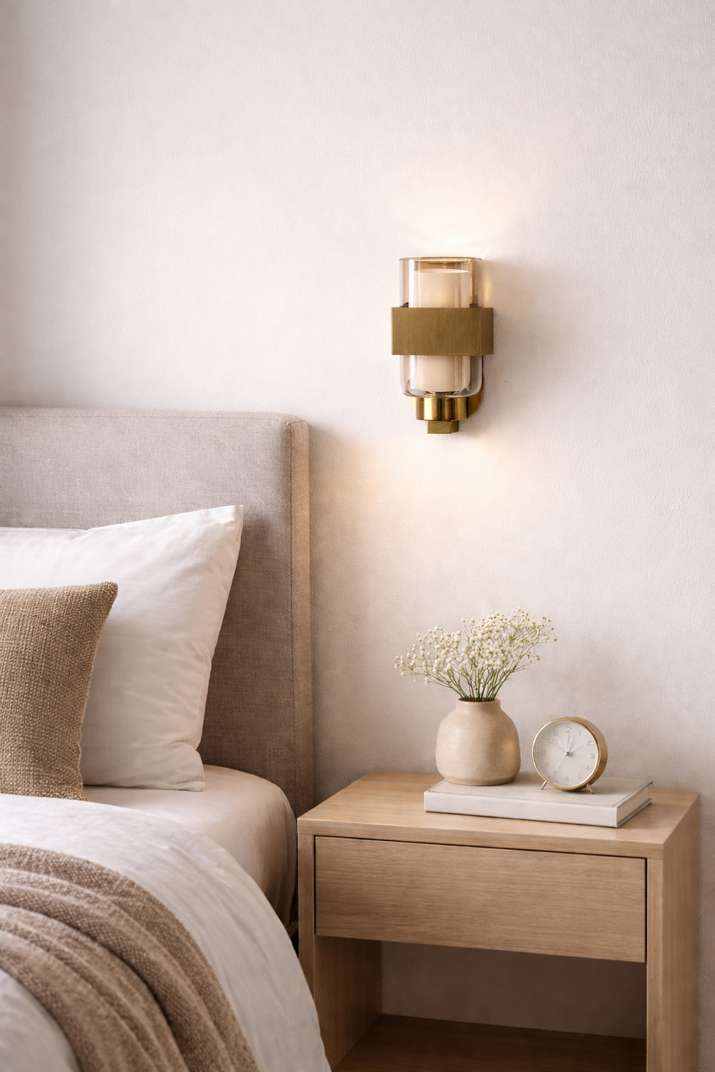 Bedroom with wooden nightstand, decorative items, and wall sconce.