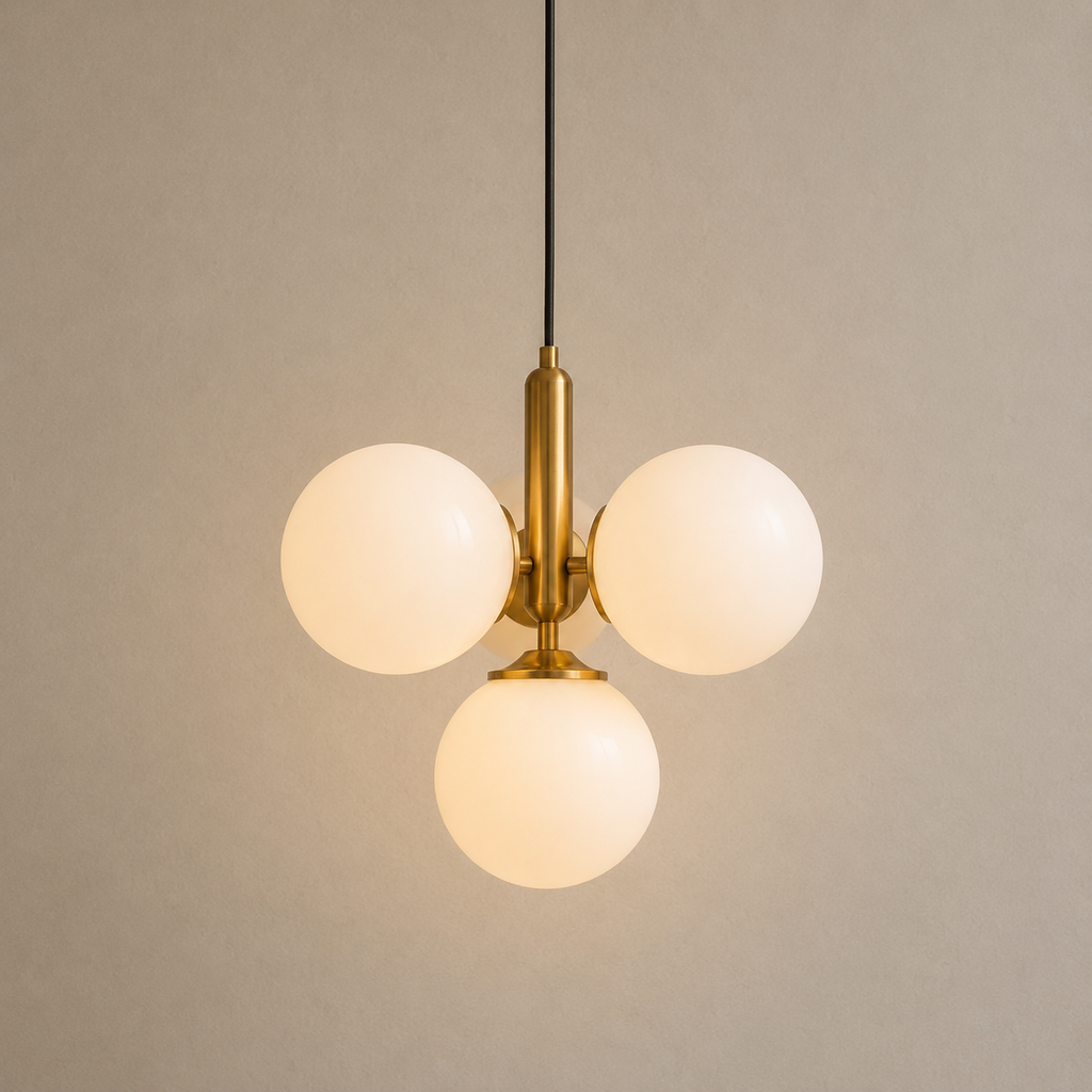 Modern pendant light with three spherical glass bulbs on a neutral background