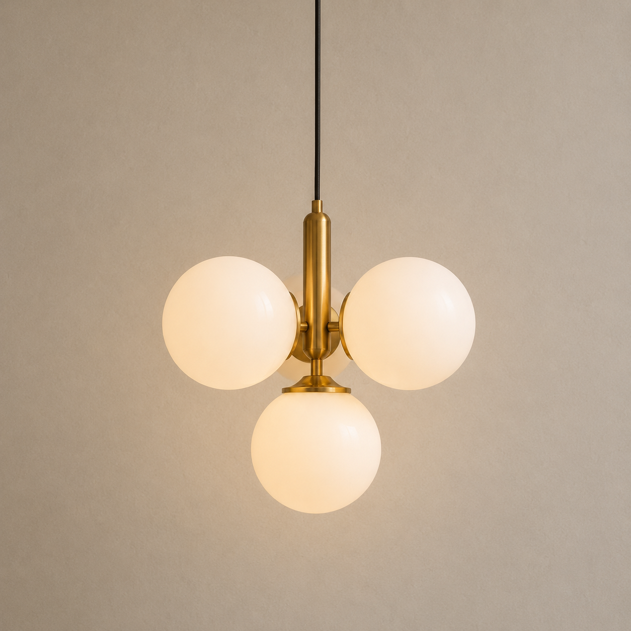 Modern pendant light with three spherical glass bulbs on a neutral background