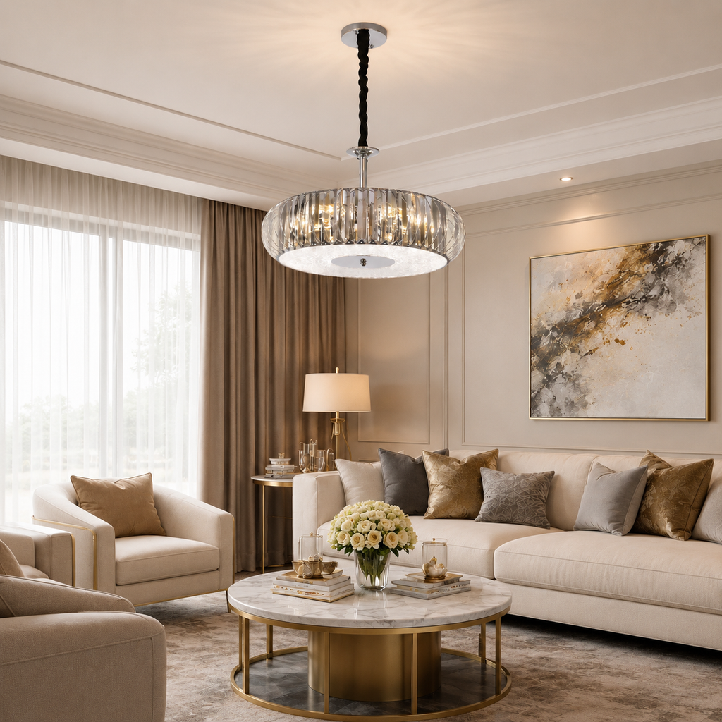 Modern living room with beige sofa, armchair, and decorative elements.