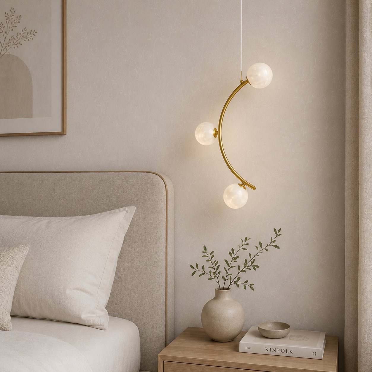 Modern bedroom with a gold pendant light, bed, and side table with decor items.