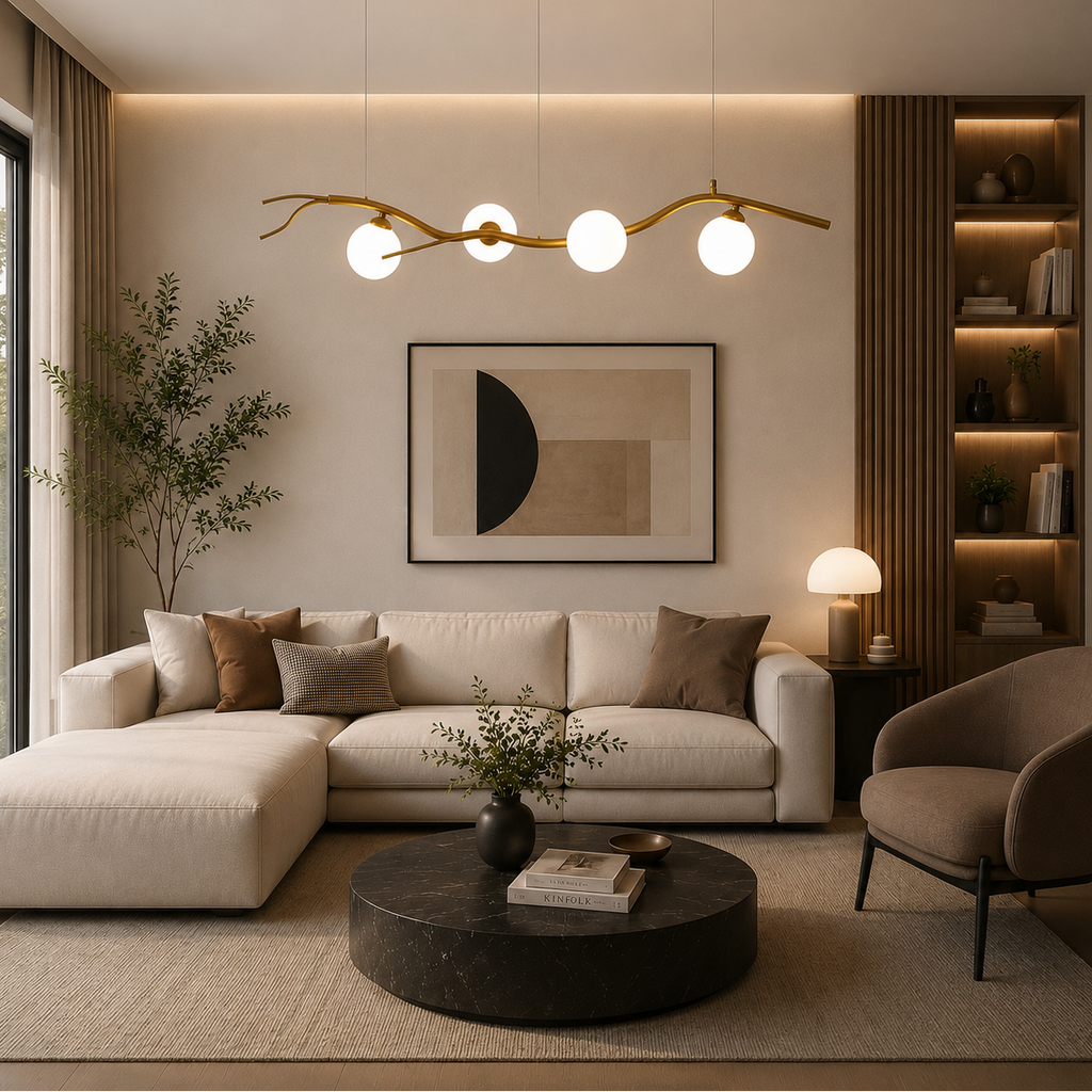 Modern living room with beige sectional sofa, round coffee table, and decorative lighting.