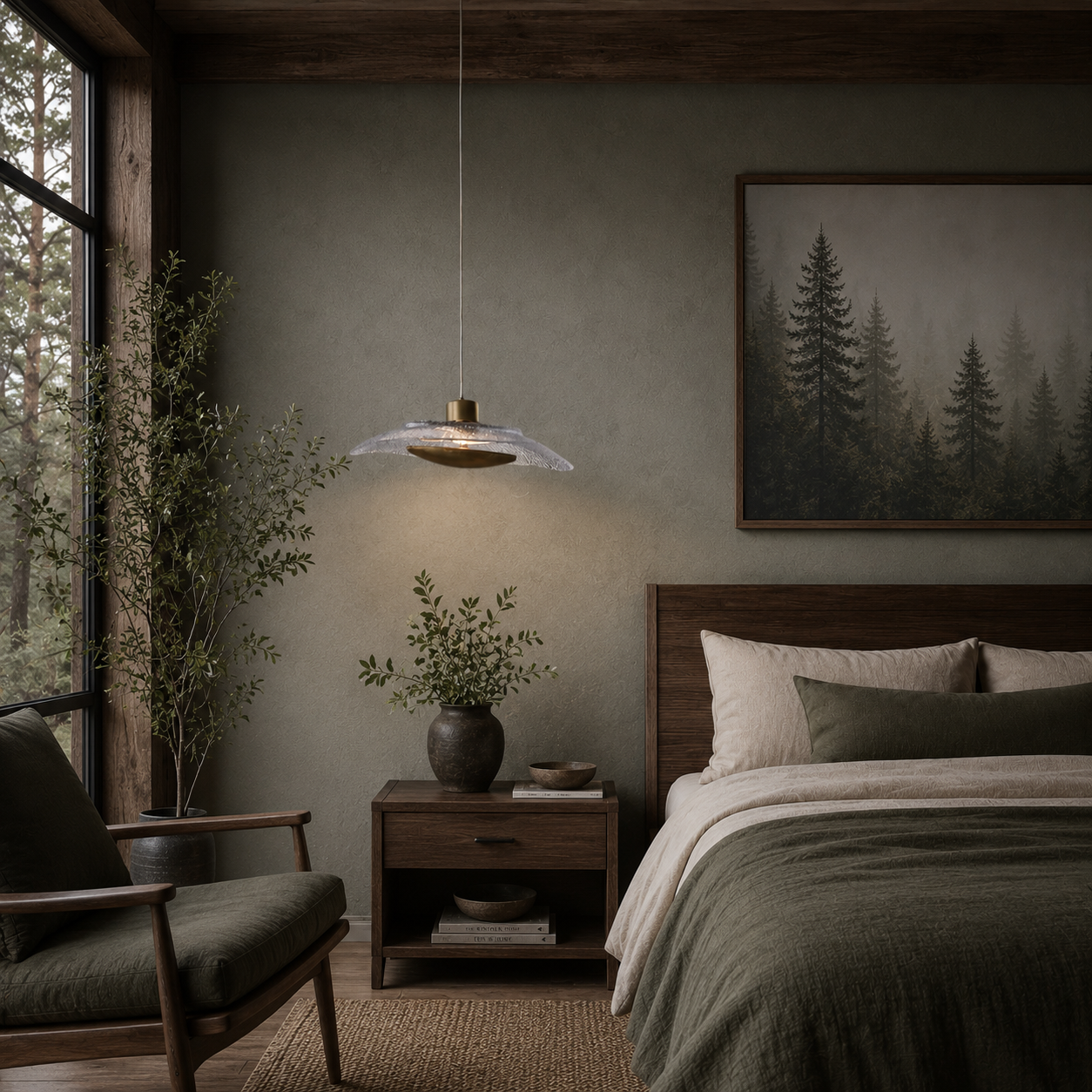 Cozy bedroom with wooden furniture, pendant light, and forest-themed decor.
