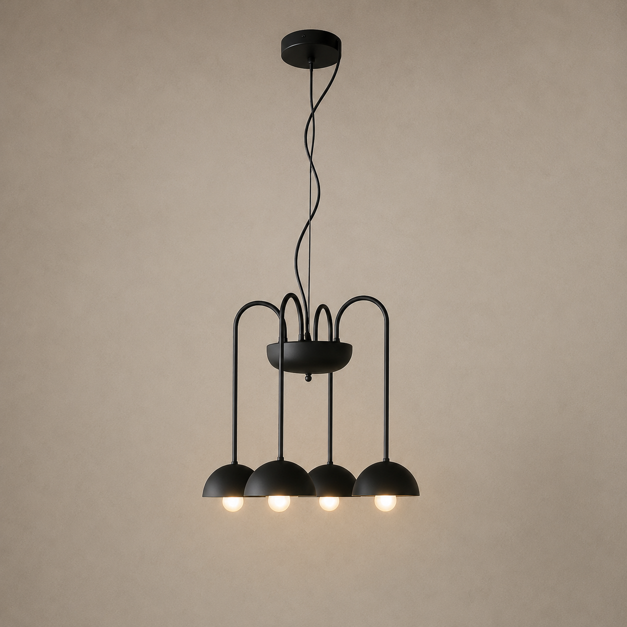 Modern black pendant light fixture on a beige background