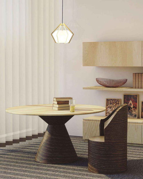Modern dining room with a round wooden table and wicker chair.