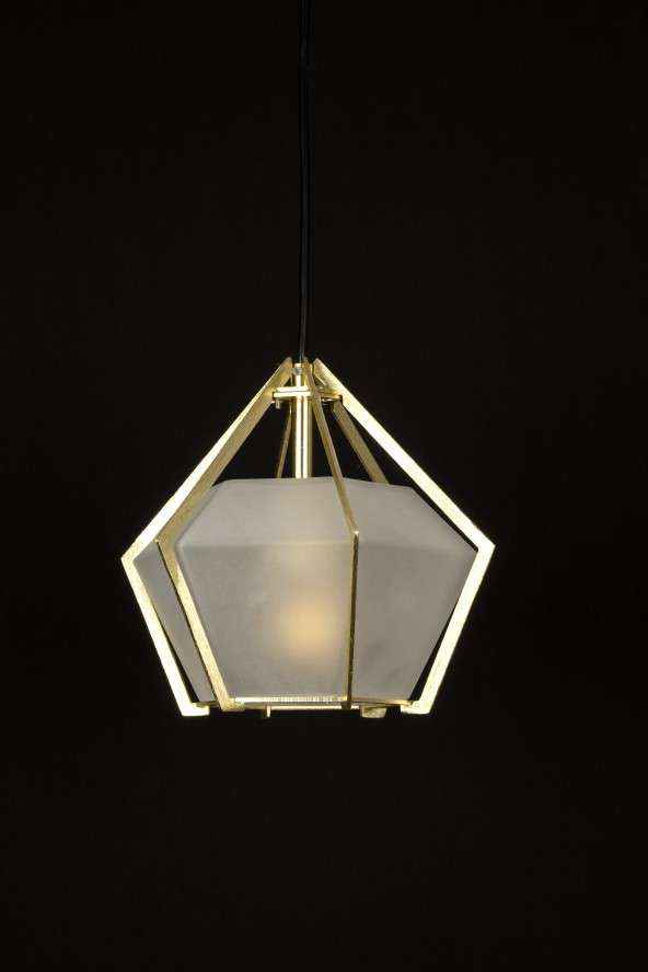 Geometric pendant light with gold frame and clear glass shade on a black background