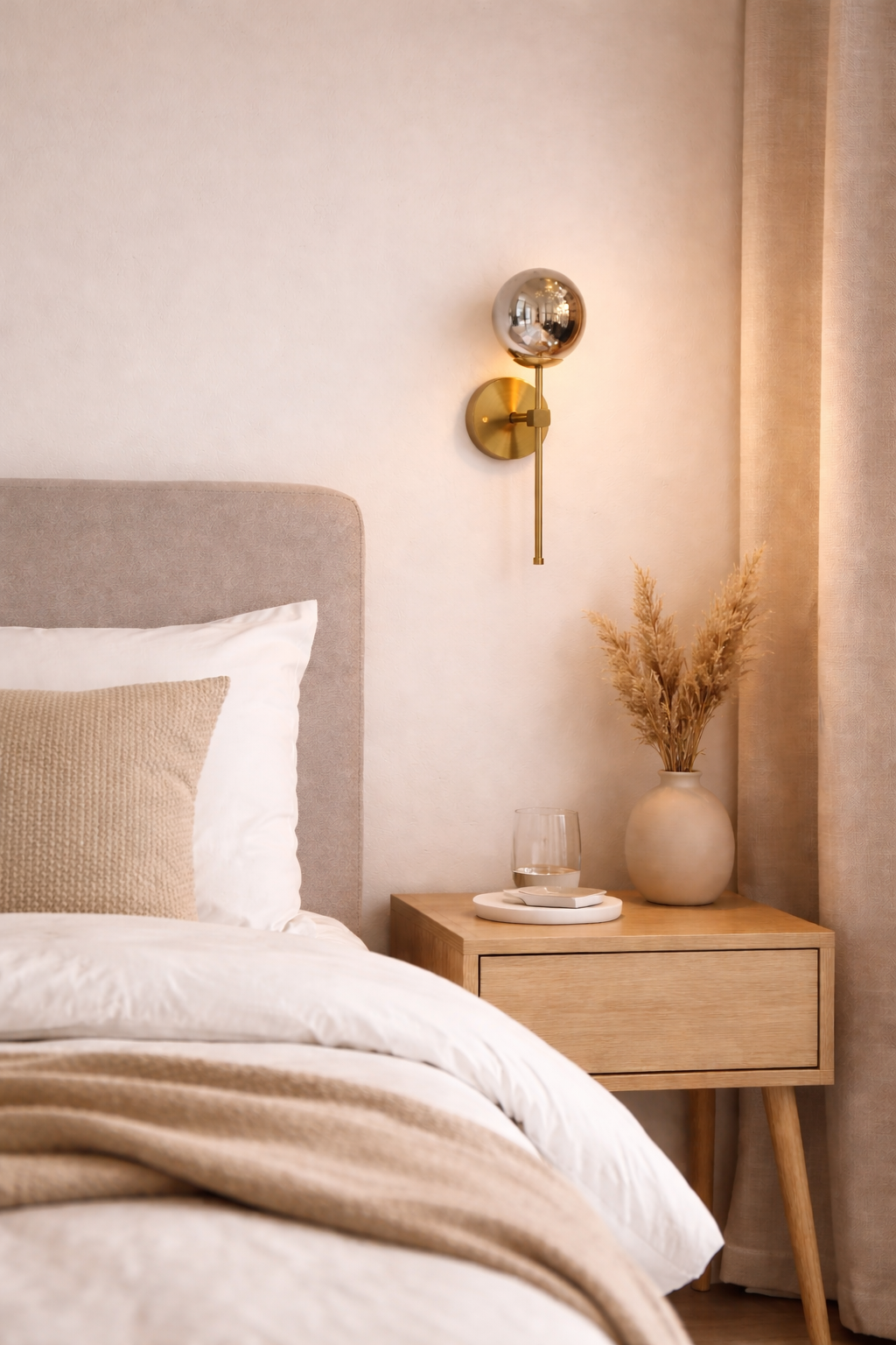 Neatly made bed with beige blanket and pillows in a bedroom setting.