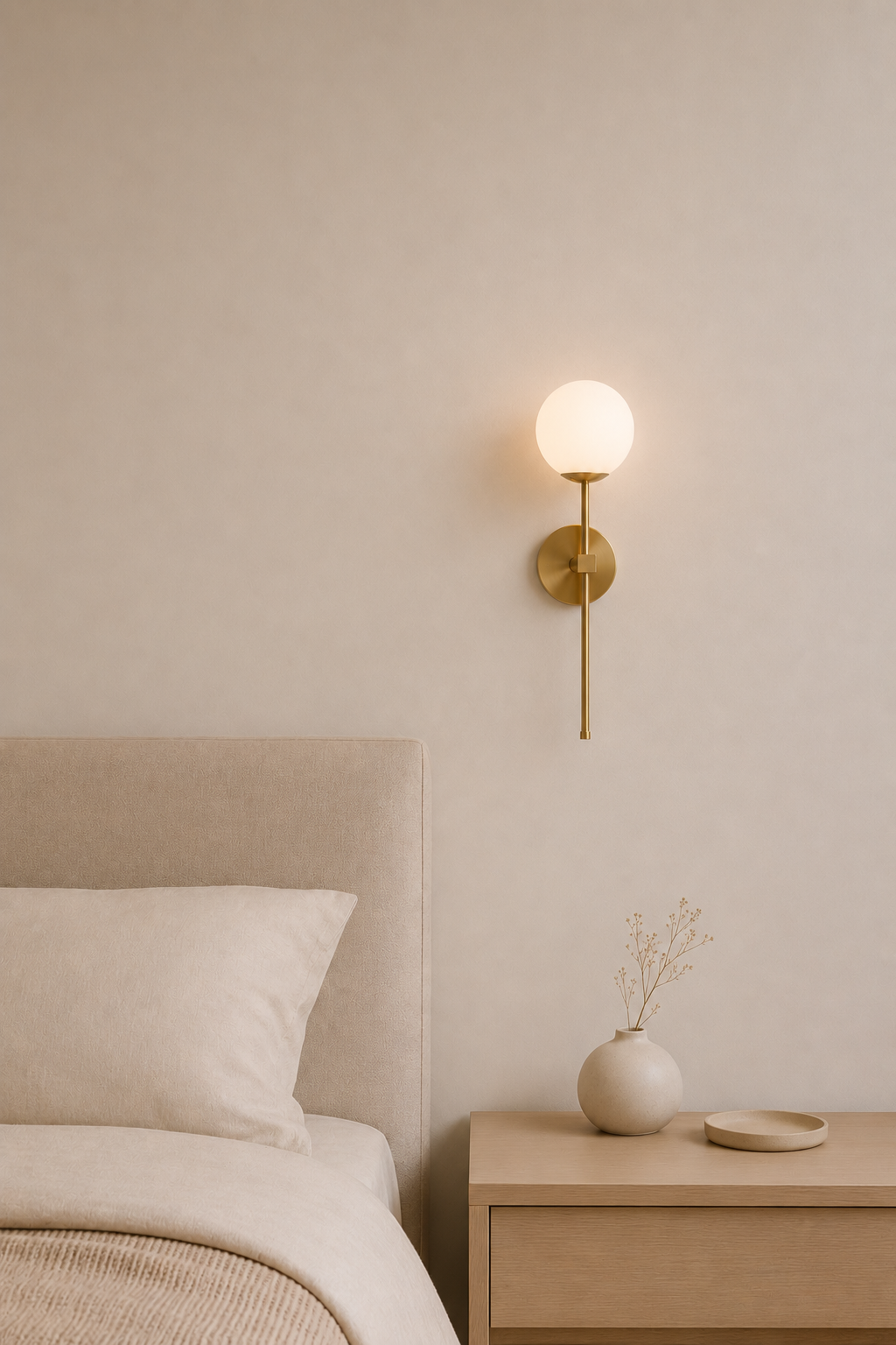 Wall-mounted lamp on a neutral wall above a bed with a nightstand.