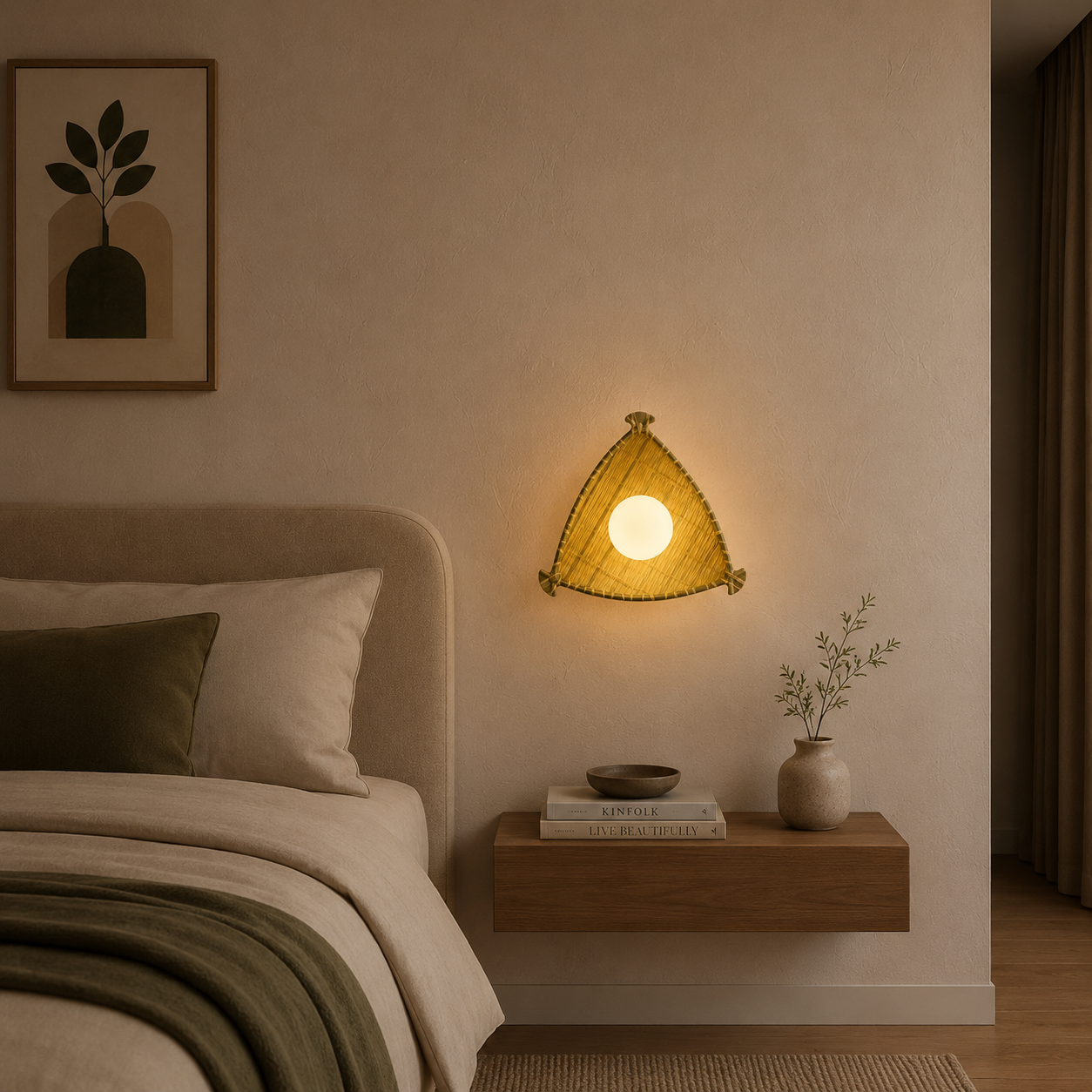 Nestled corner of a bedroom with a bed, wall-mounted lamp, and small table with decor items.
