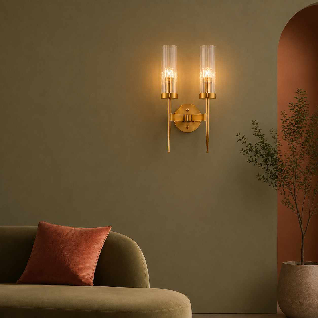 Gold wall sconces on a green wall with a couch and plant in the foreground