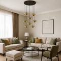 Modern living room with beige sofas, a round coffee table, and decorative lighting.