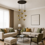 Modern living room with beige sofas, a round coffee table, and decorative lighting.