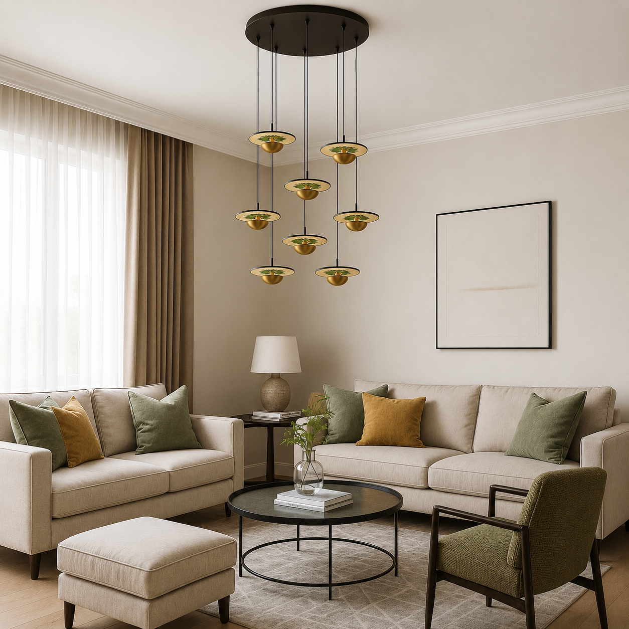 Modern living room with beige sofas, a round coffee table, and decorative lighting.