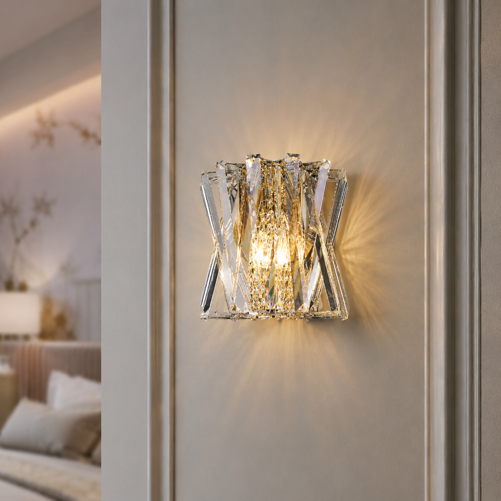 Decorative wall sconce with crystal design on a neutral wall.