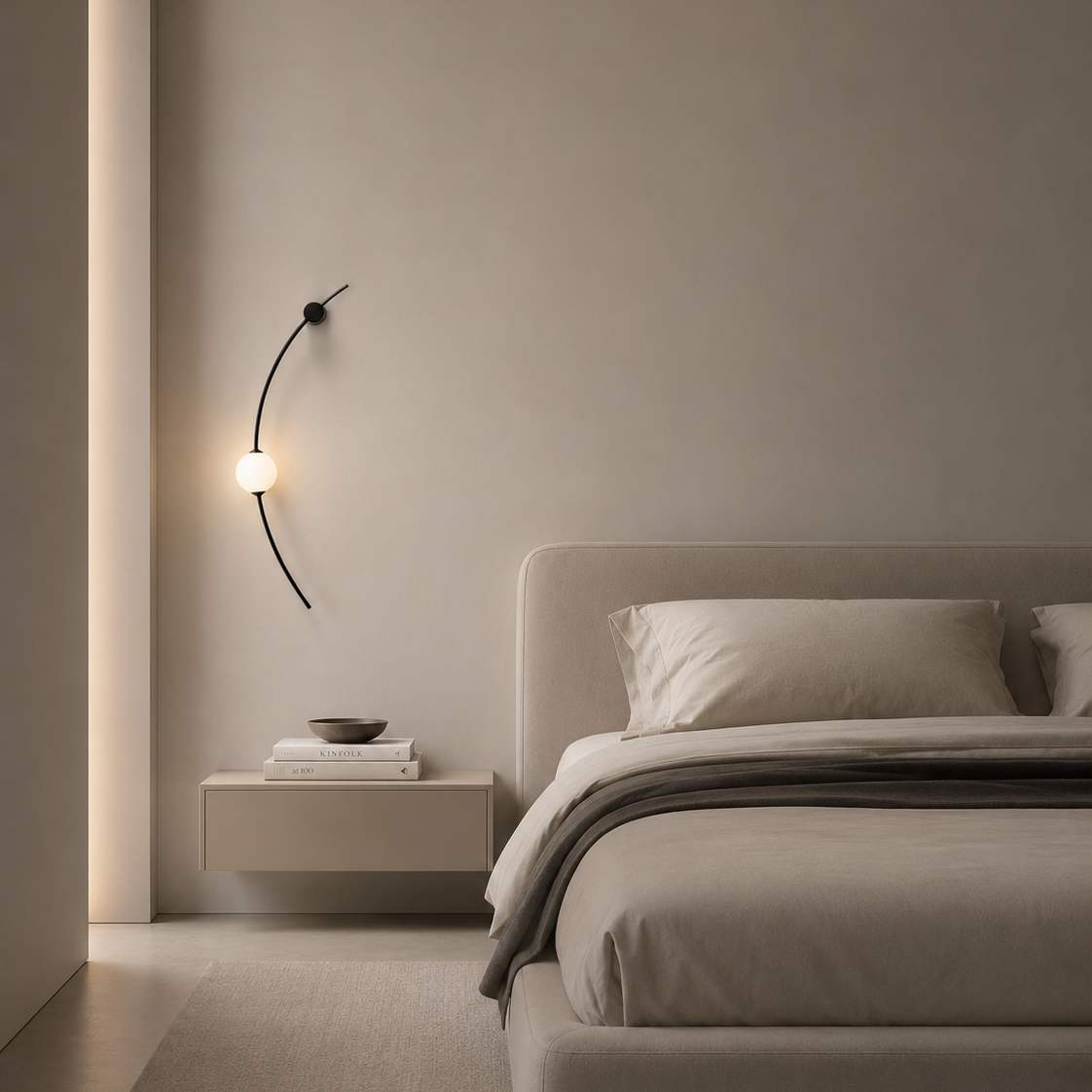 Modern bedroom with a bed, nightstand, and wall lamp.