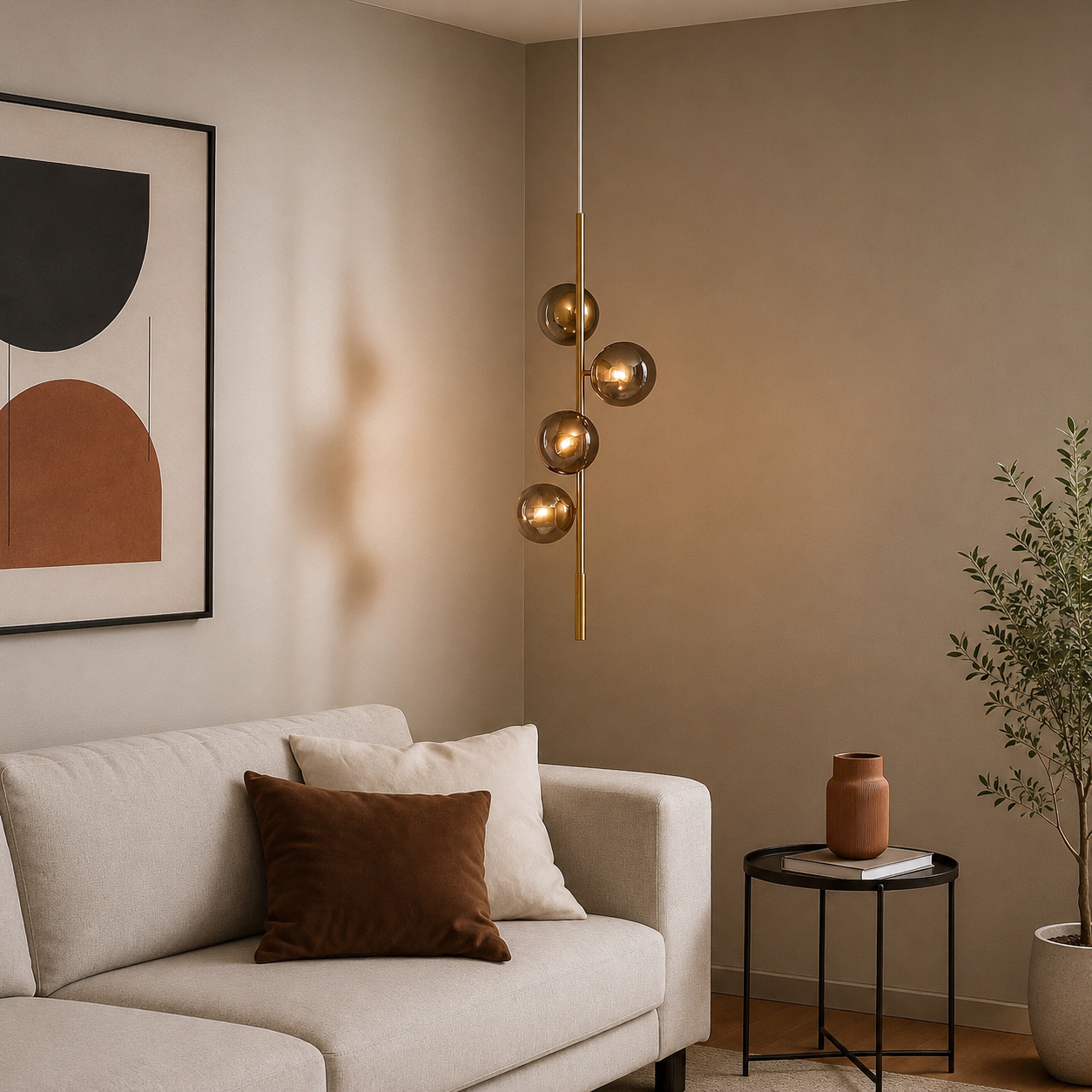 Modern living room with a beige sofa, decorative pillows, a pendant light, and wall art.