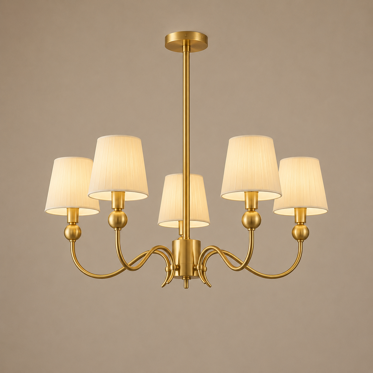 Gold chandelier with five lampshades on a beige background