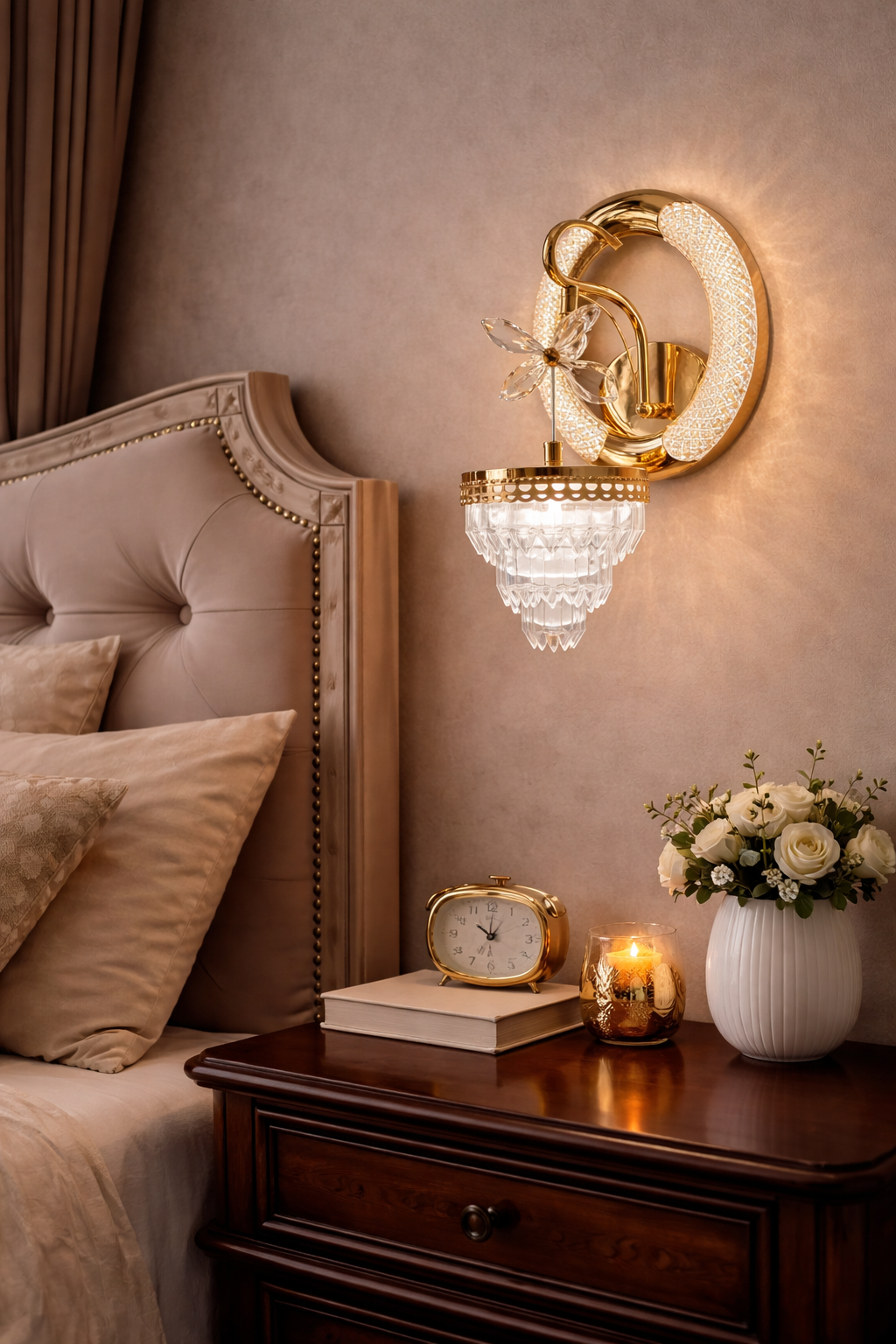 Decorative wall sconce above a nightstand with a clock, books, and flowers in a bedroom setting.