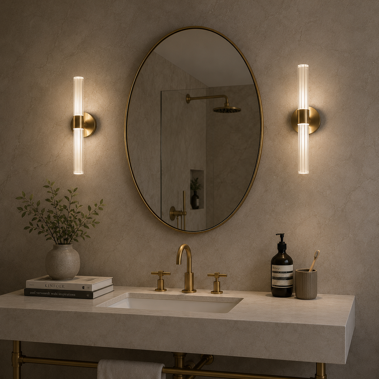 Bathroom vanity with round mirror, gold fixtures, and decorative items on a neutral wall.