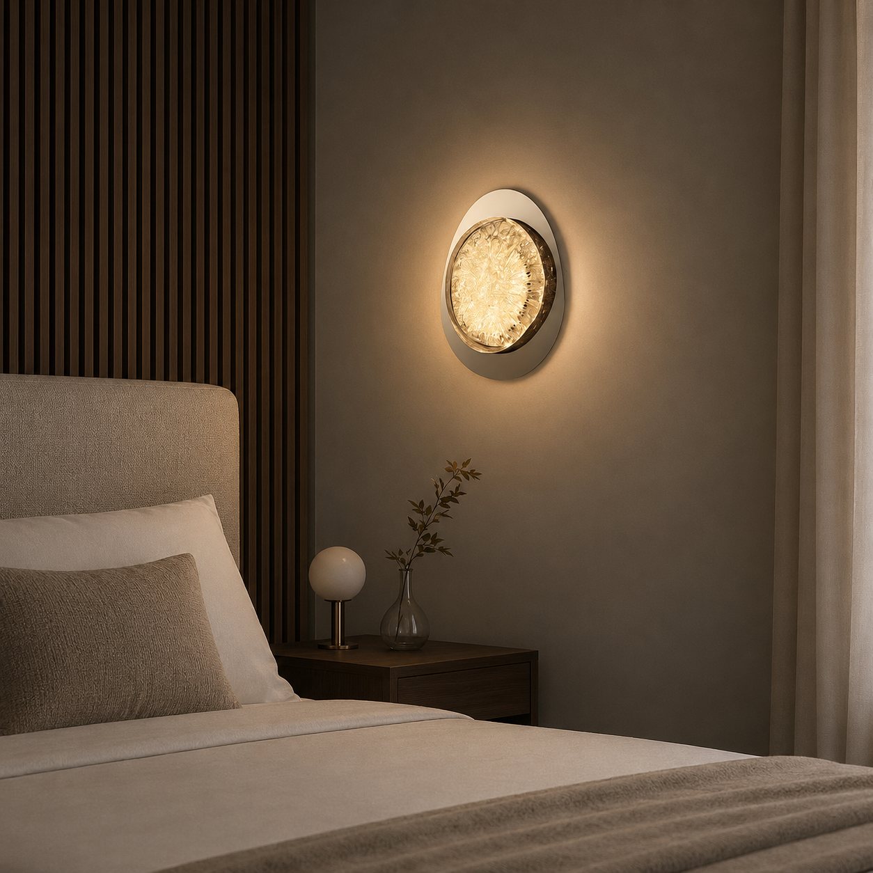 Round wall light fixture in a bedroom setting with a bed and nightstand.