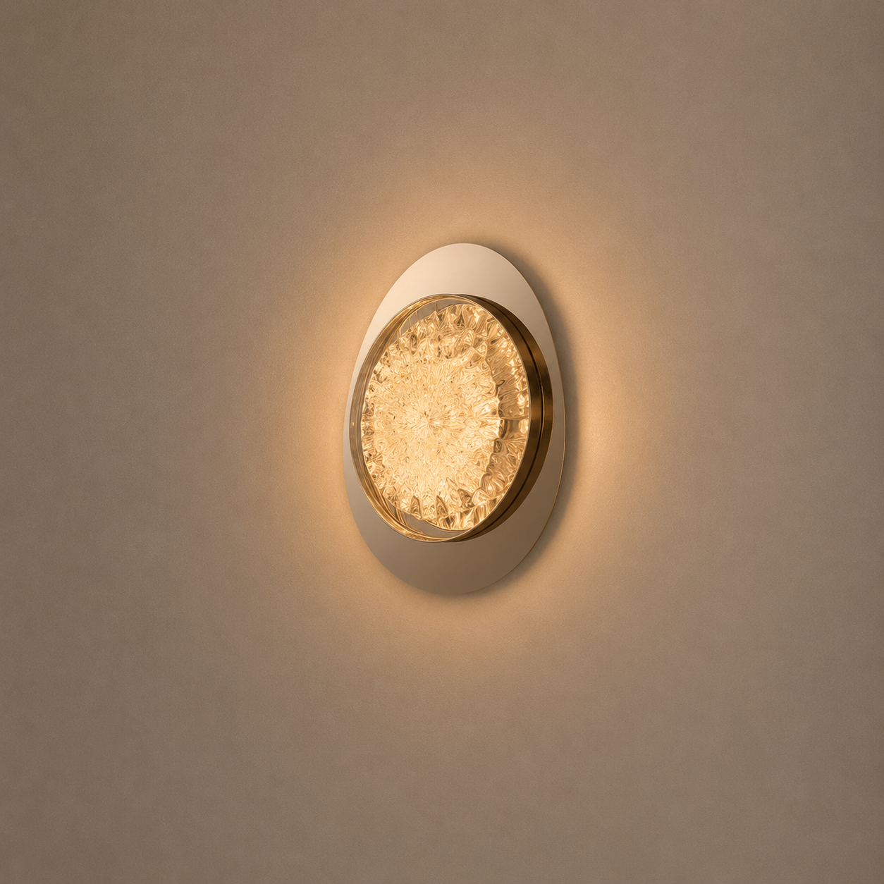 Round wall light fixture on a beige wall