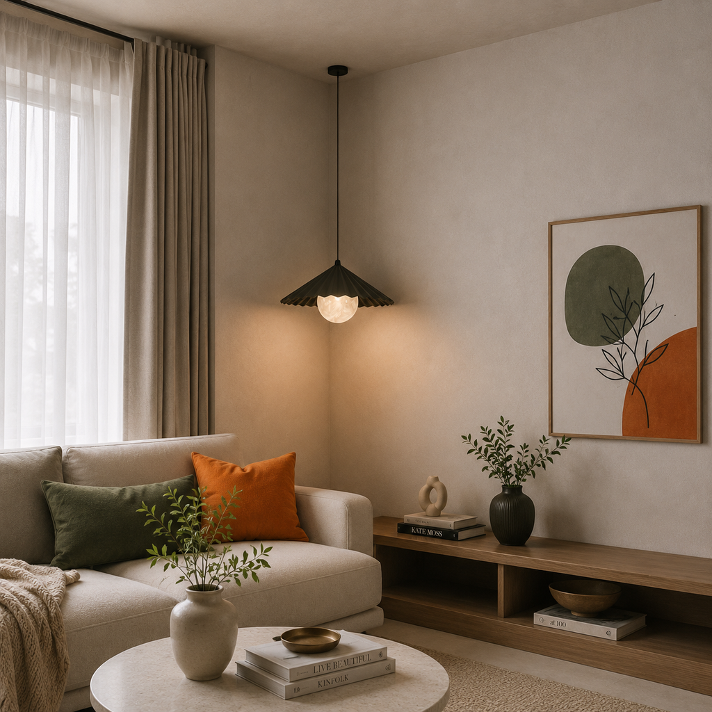Modern living room with a beige sofa, decorative pillows, and a wall art piece.