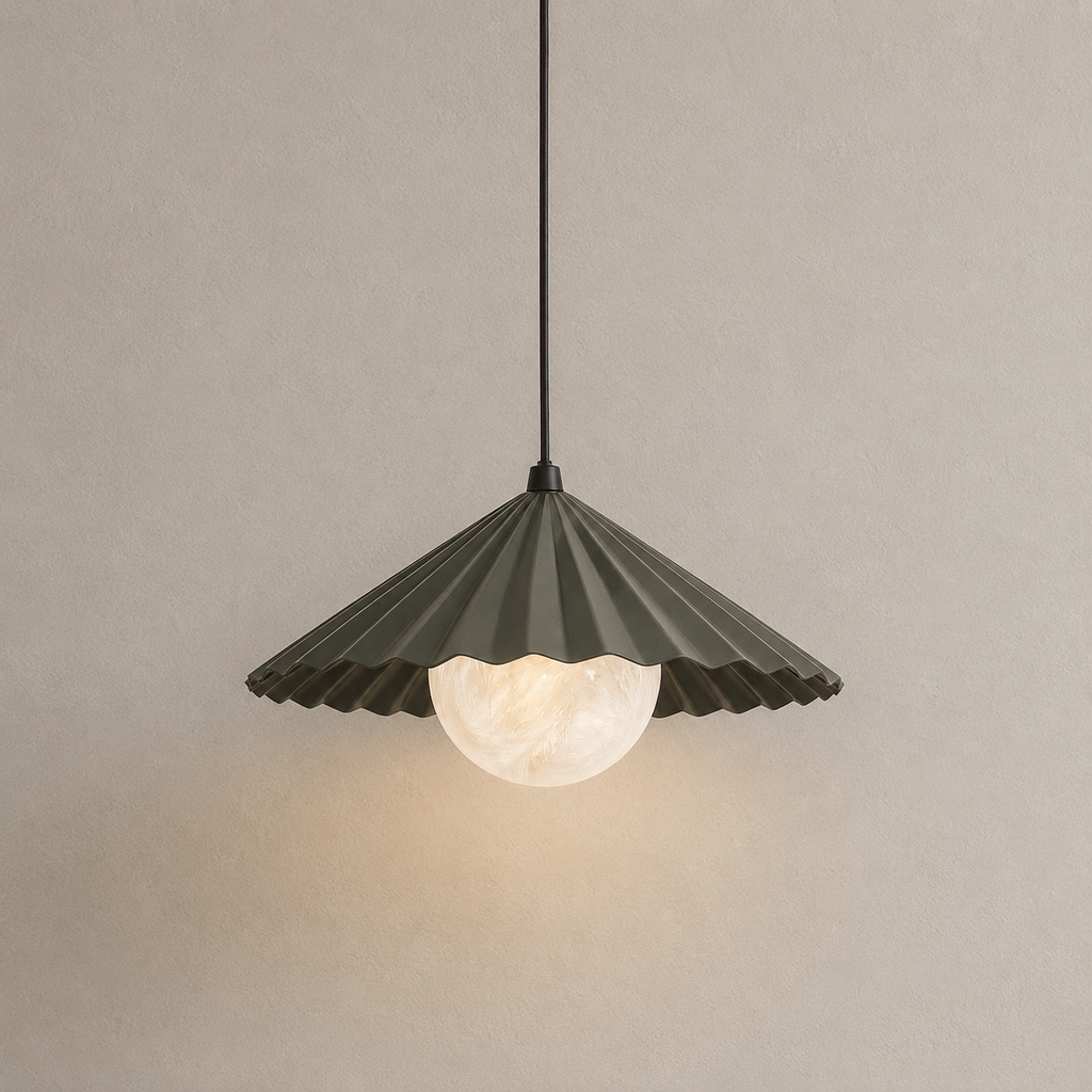 Pendant light with ribbed shade on a neutral background