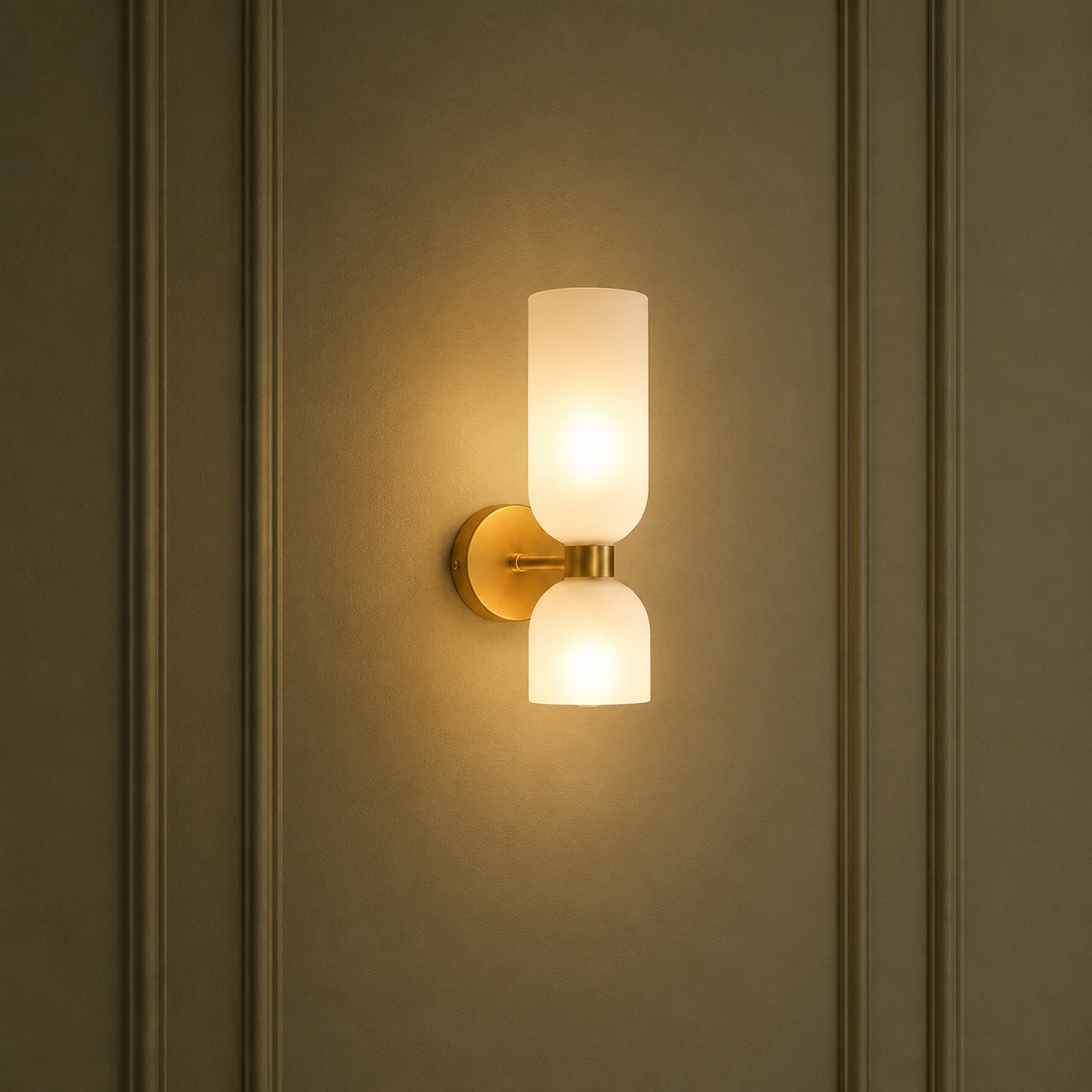 Wall-mounted light fixture with glass shades on a beige wall.