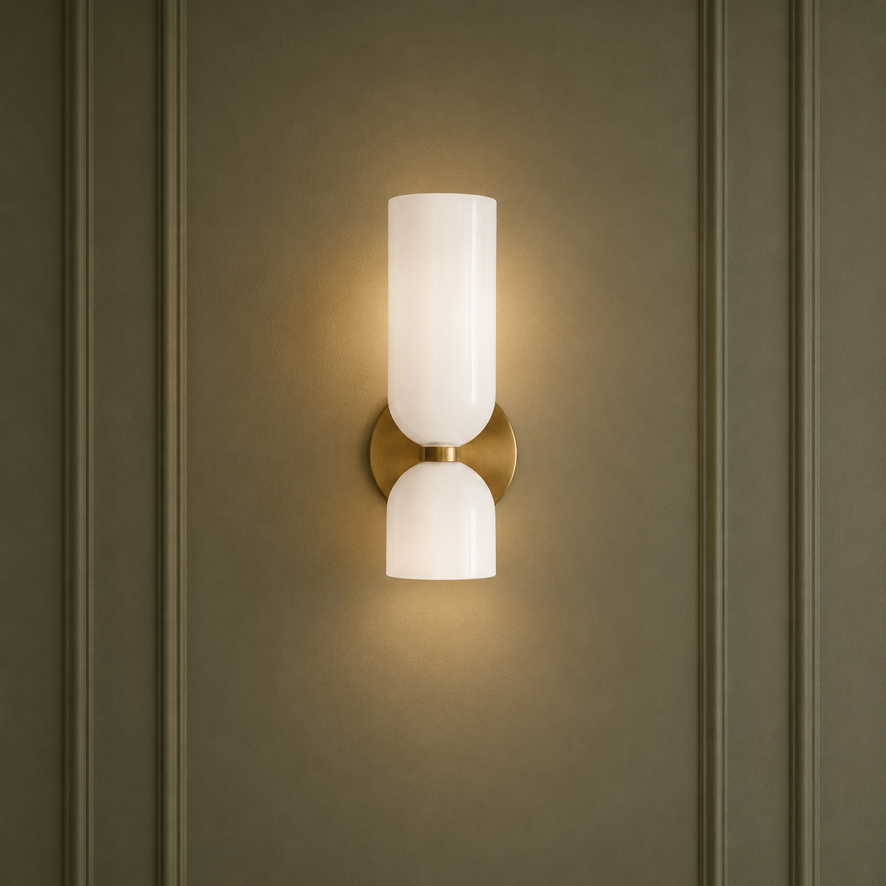 Wall-mounted light fixture with two glass shades on a beige wall.