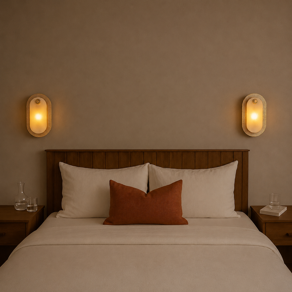 Bedroom with wooden headboard, white pillows, and warm wall sconces.