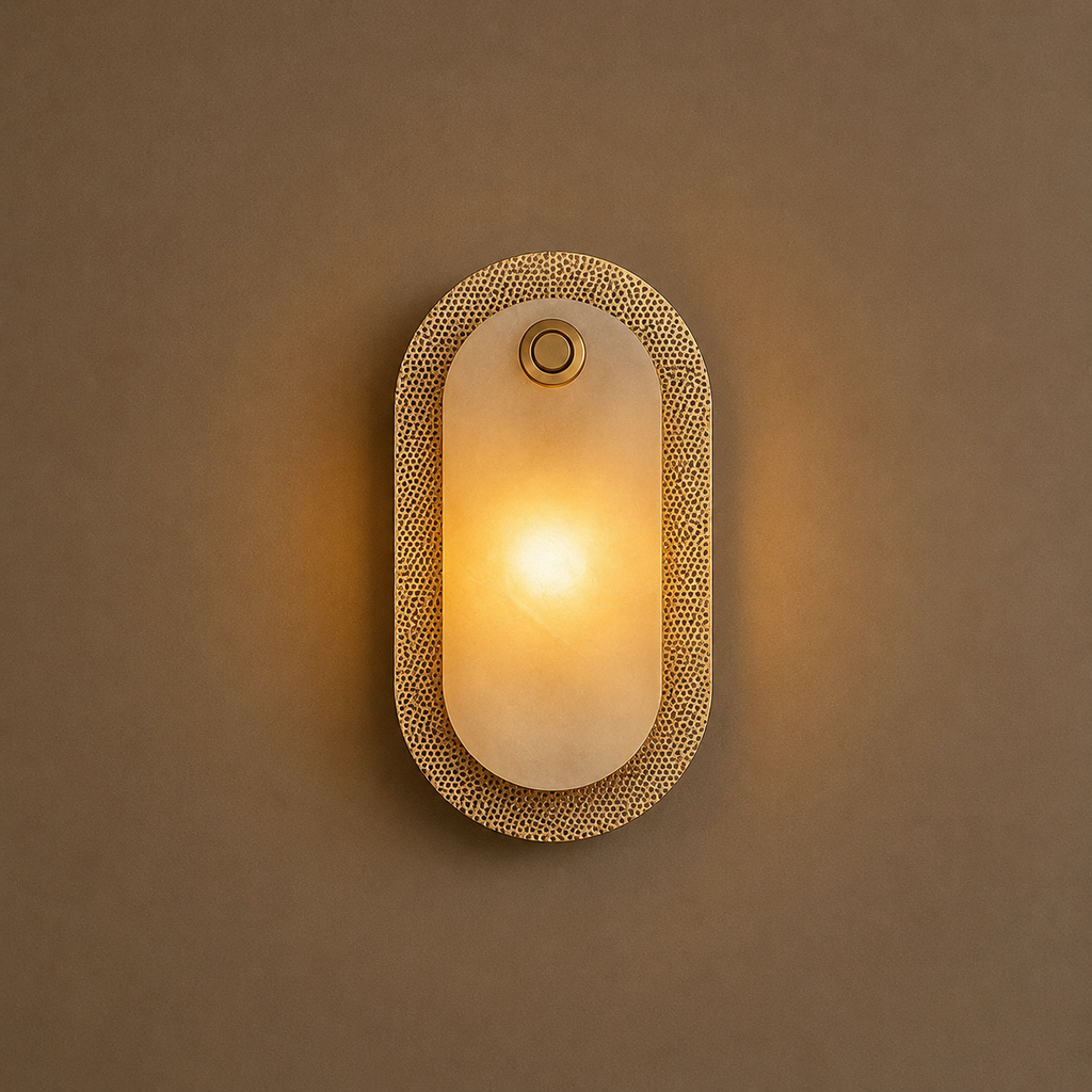 Wall-mounted light fixture with textured design on a beige wall