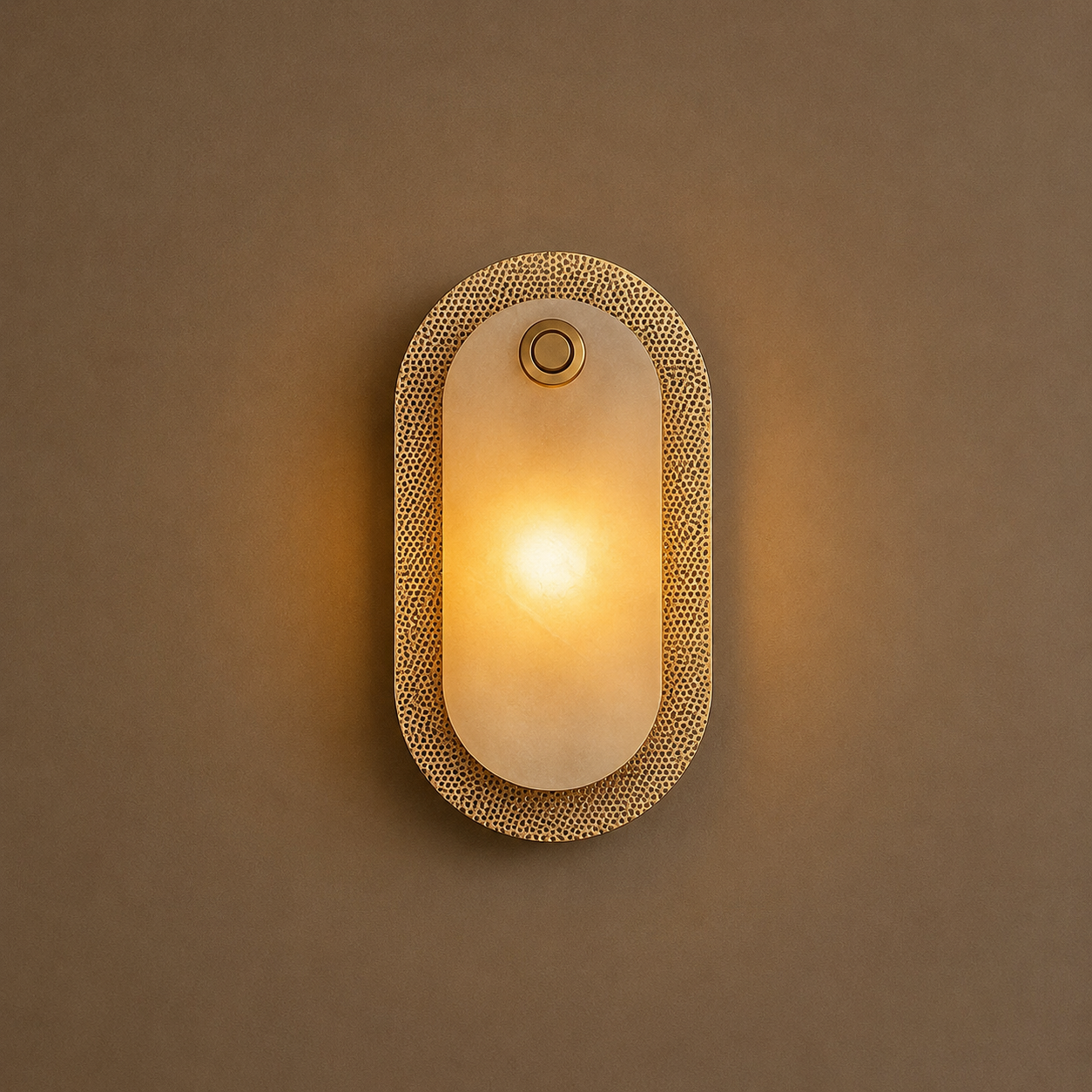 Wall-mounted light fixture with textured design on a beige wall