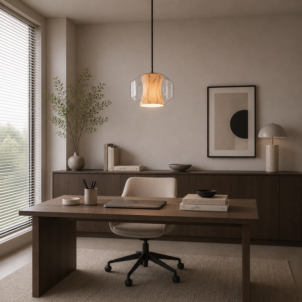 Modern home office with wooden desk, chair, and decorative elements.