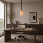 Modern home office with wooden desk, chair, and decorative elements.