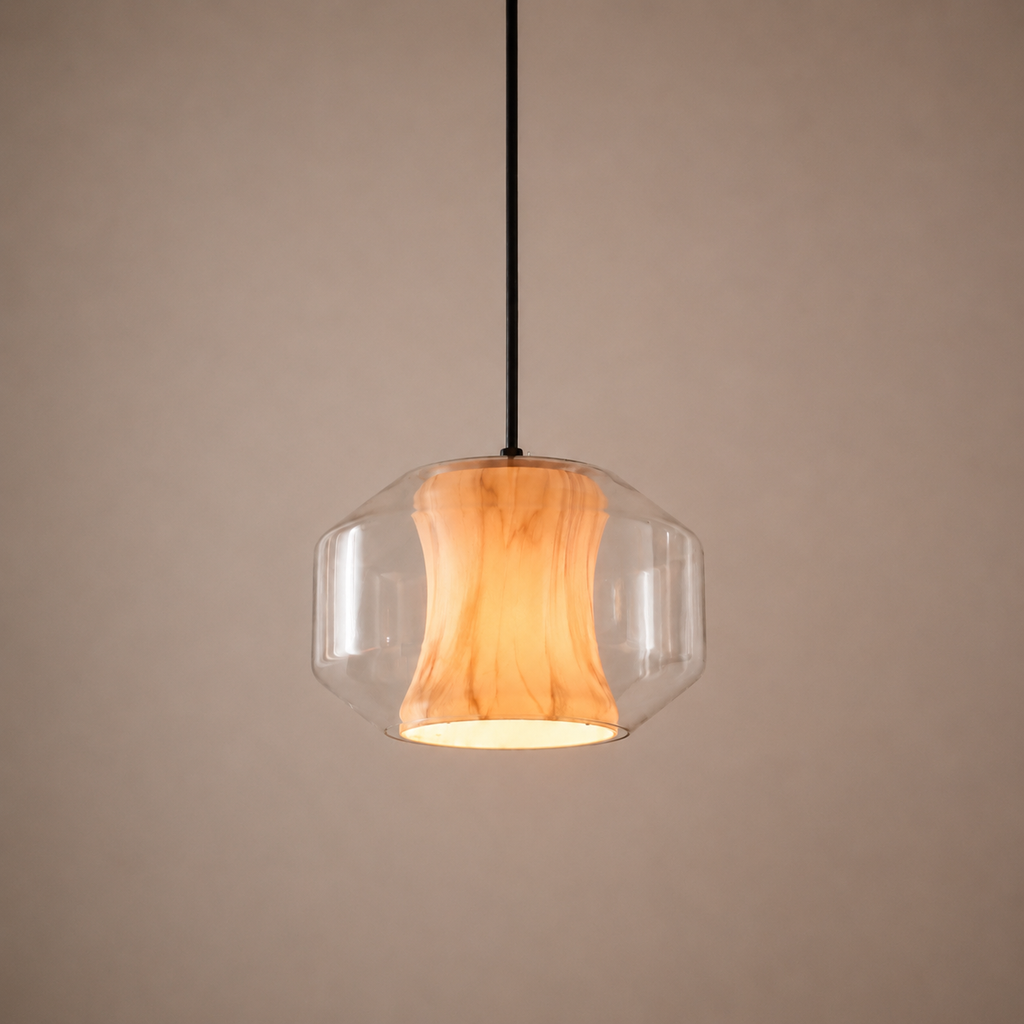 Pendant light with wooden shade and glass cover on a beige background