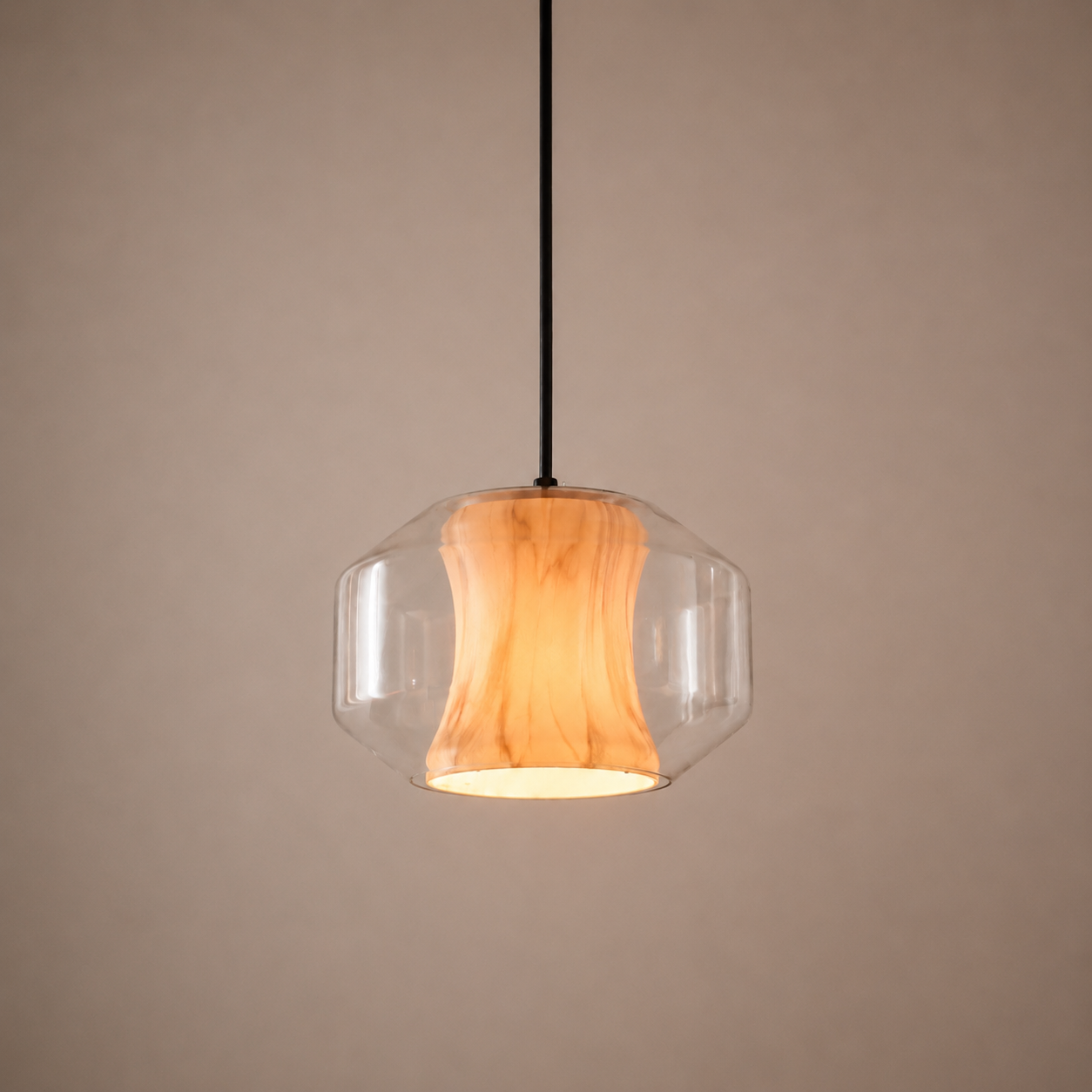 Pendant light with wooden shade and glass cover on a beige background