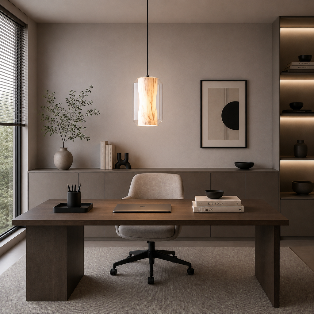 Modern home office with a wooden desk, chair, and decorative elements.