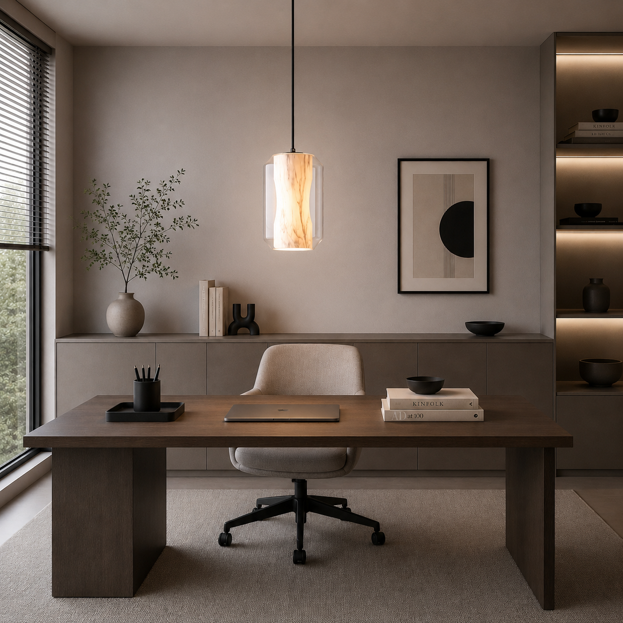 Modern home office with a wooden desk, chair, and decorative elements.