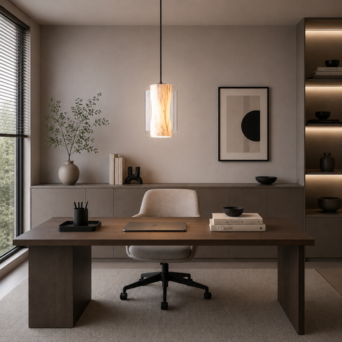 Modern home office with a wooden desk, chair, and decorative elements.