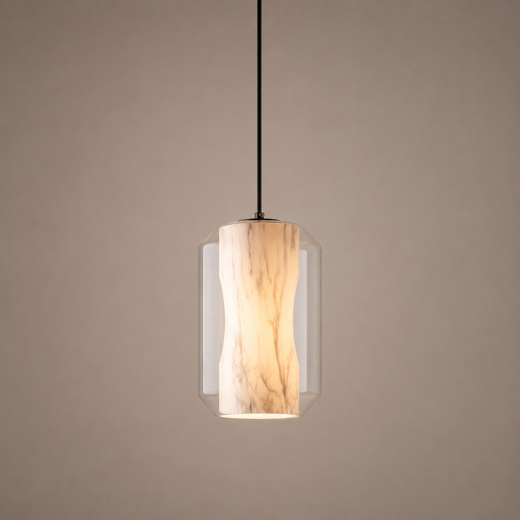 Pendant light with wooden texture on a beige background