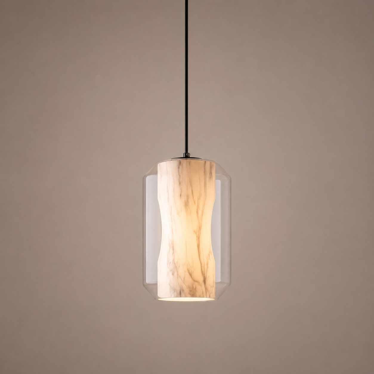 Pendant light with wooden texture on a beige background