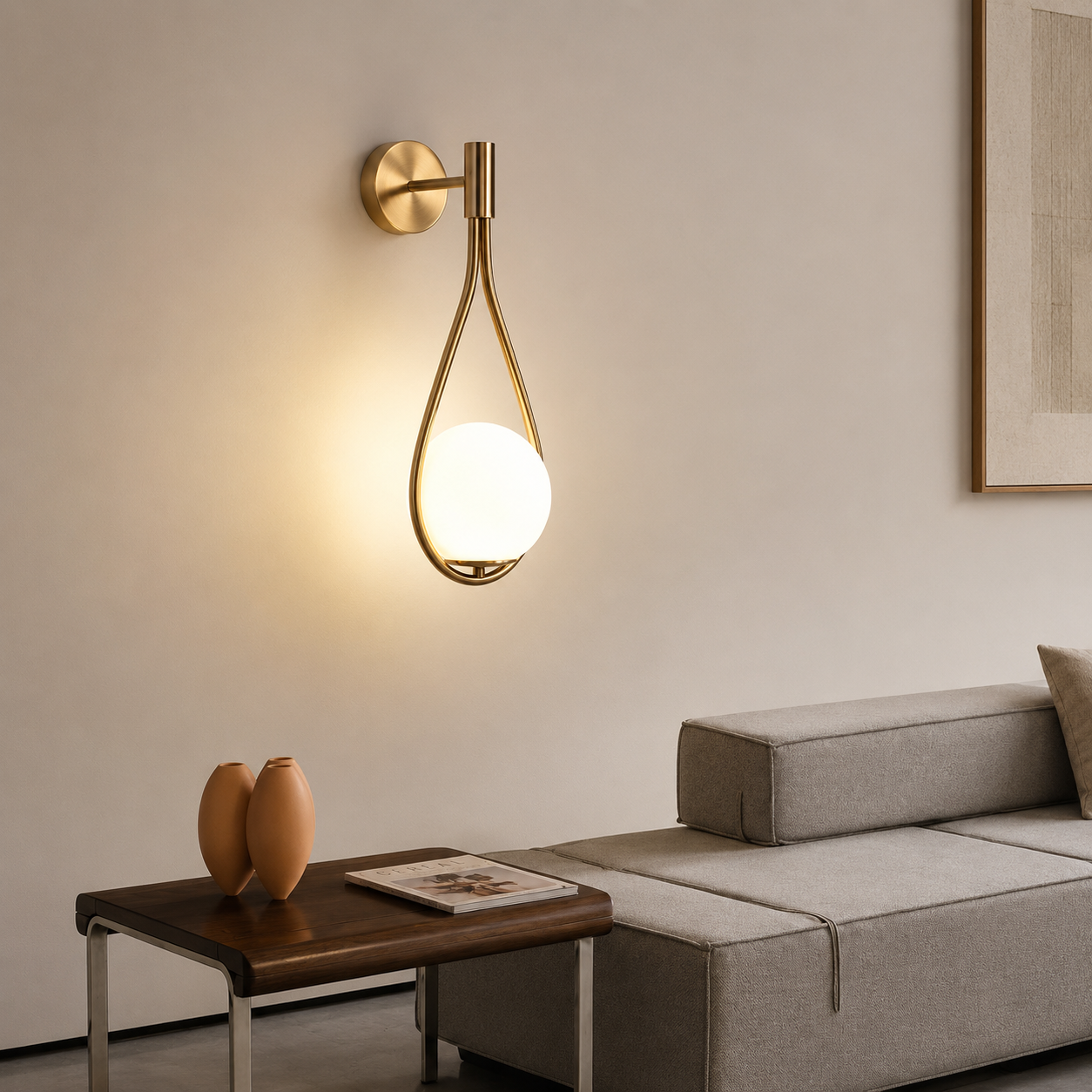 Modern wall lamp with a light bulb in a living room setting.